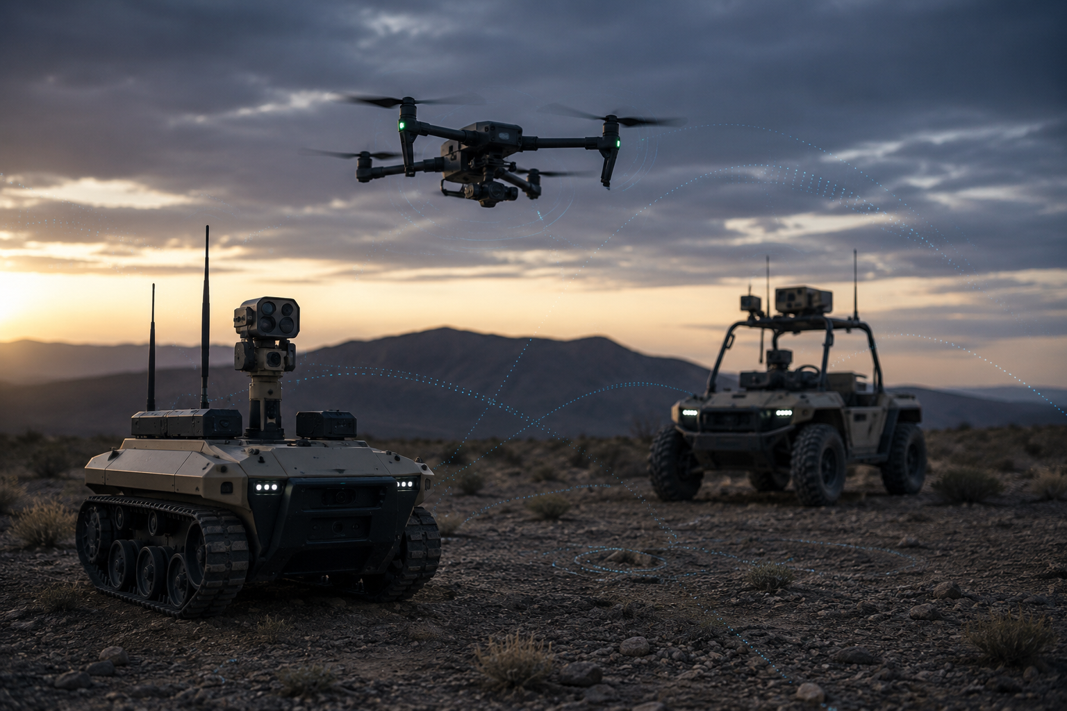 Drone, autonomous ground robot and connected vehicle operating through directional RF links