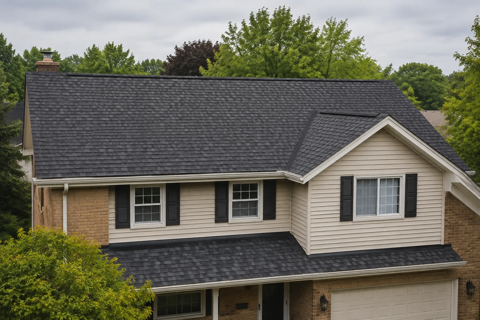 Illustration of charcoal architectural asphalt shingles on a gabled suburban home
