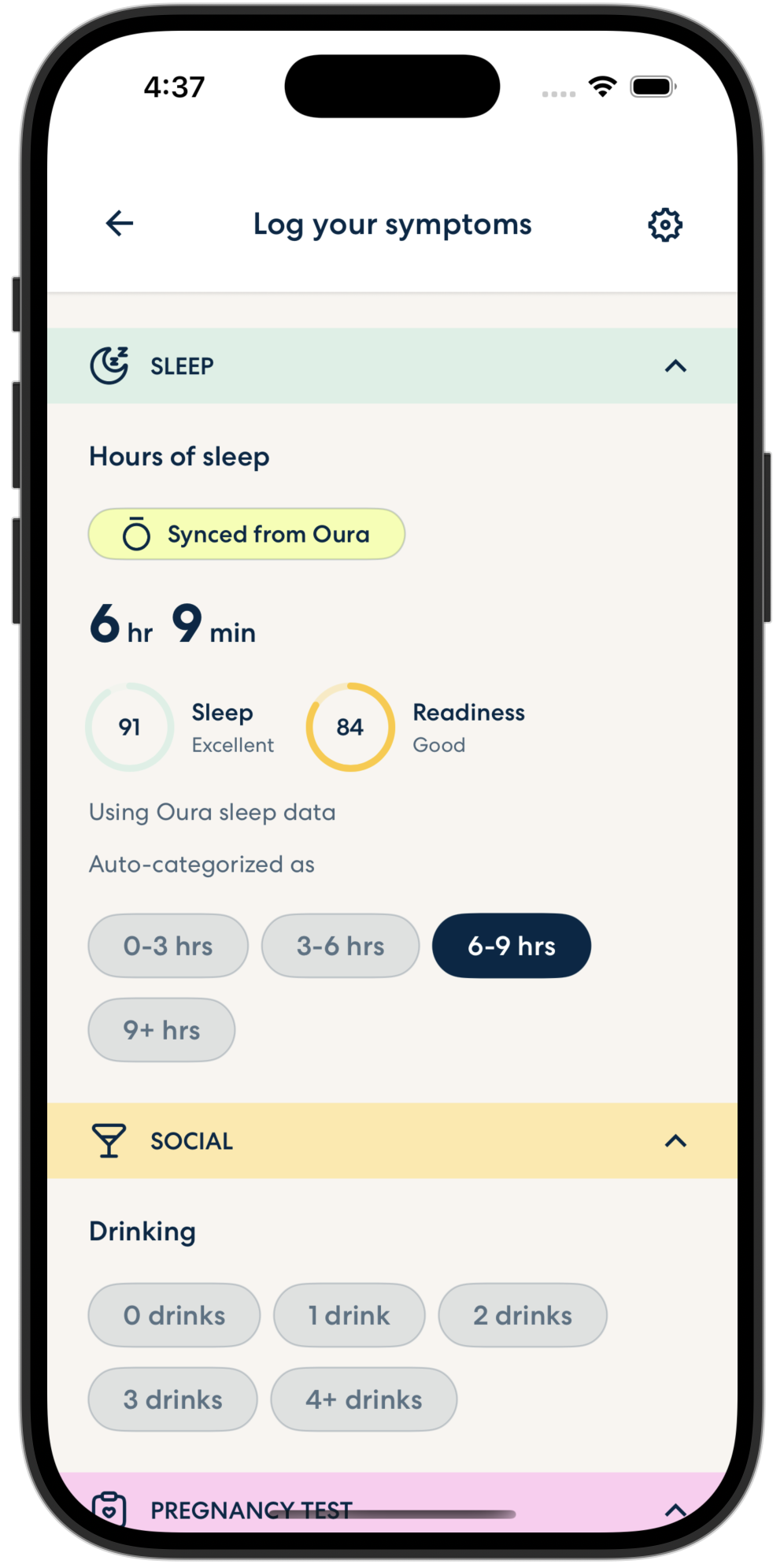 Oova today screen showing sleep, hormones, and symptoms