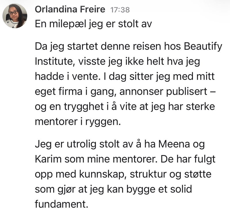Melding fra Orlandina: I dag sitter jeg med mitt eget firma i gang og annonser publisert, med Meena og Karim som mentorer.