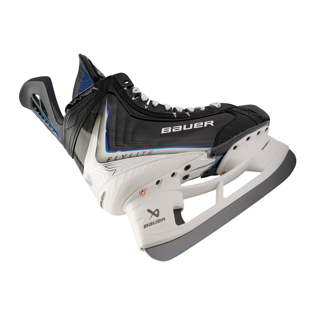 Authentic Bauer Vapor FLYLITE player skate with white POWERFLY holder and steel runner
