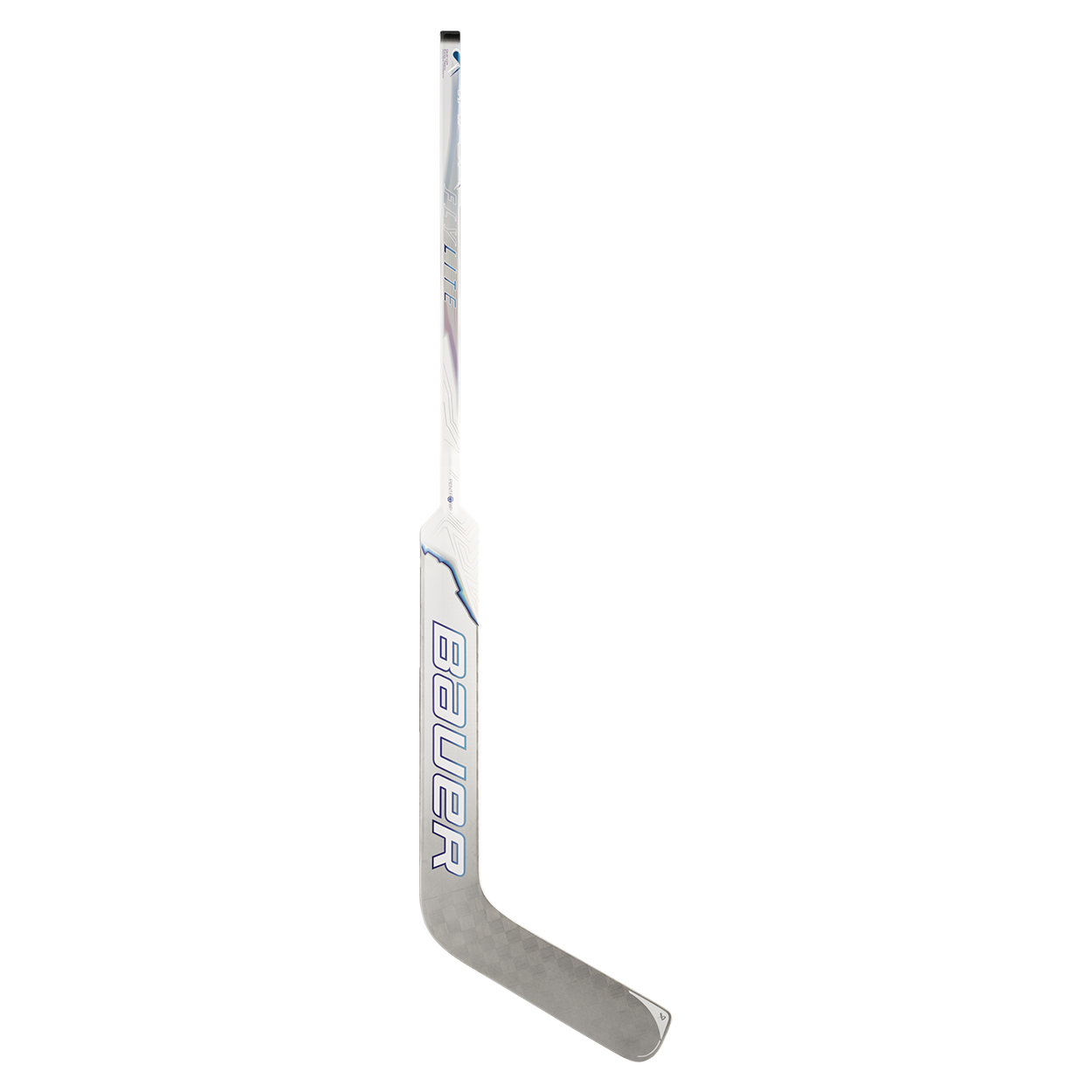 Official Bauer Vapor Flylite senior goalie stick, white and silver front product photograph.