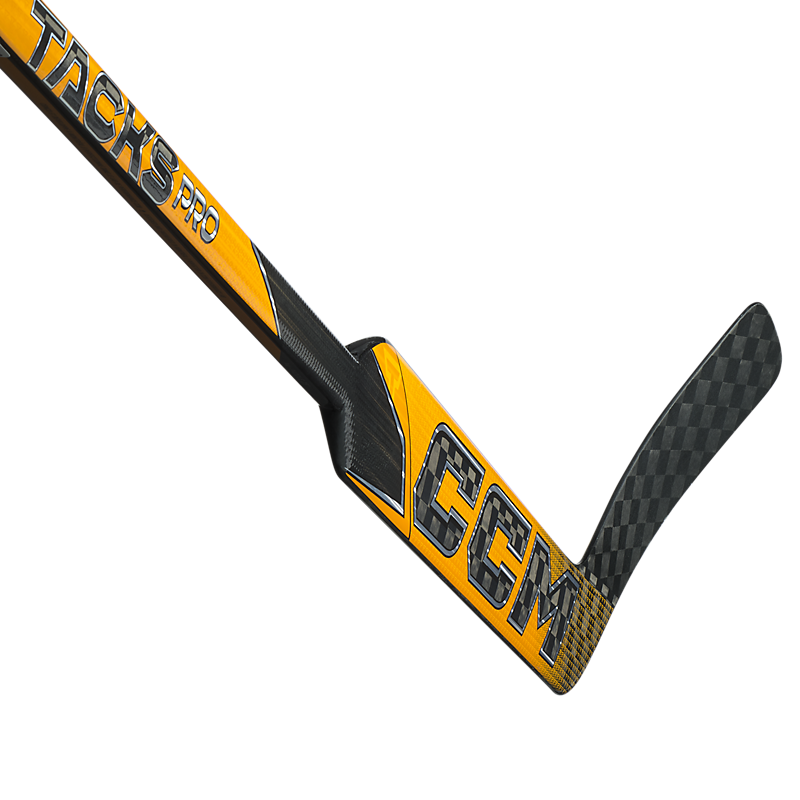 Official CCM Tacks Pro senior goalie stick: photographed real composite paddle, shoulder, shaft and blade.