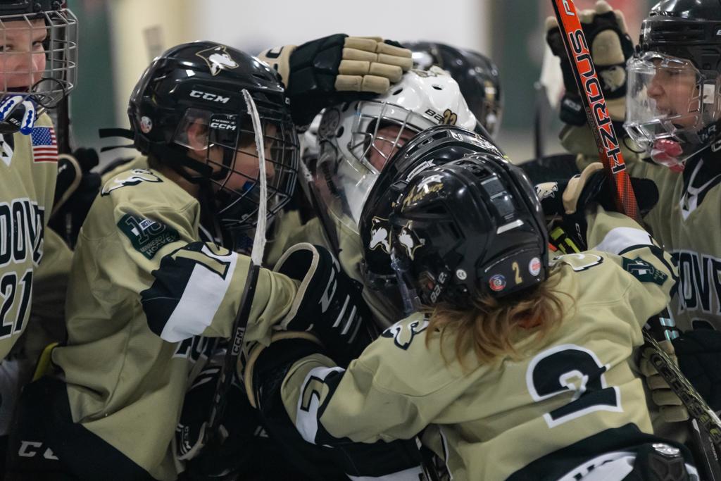 Andover community youth hockey players joyfully celebrate beside their teammates