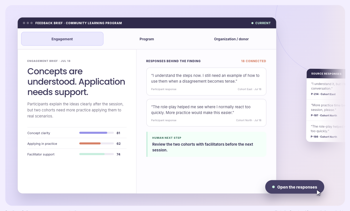 Illustrative feedback view showing separate scores for concept clarity, practical application and facilitator support, with participant comments beside the finding.