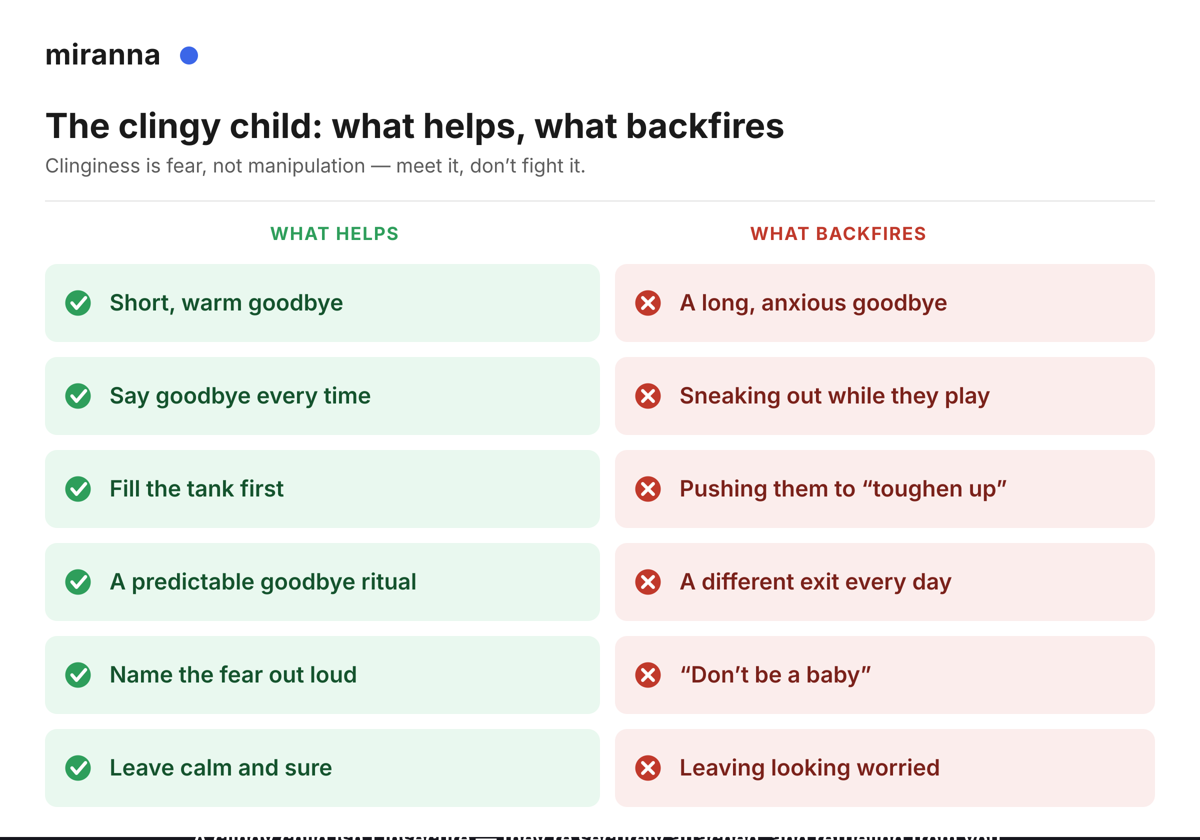 Clingy toddler: what helps versus what backfires, from short warm goodbyes to never sneaking out