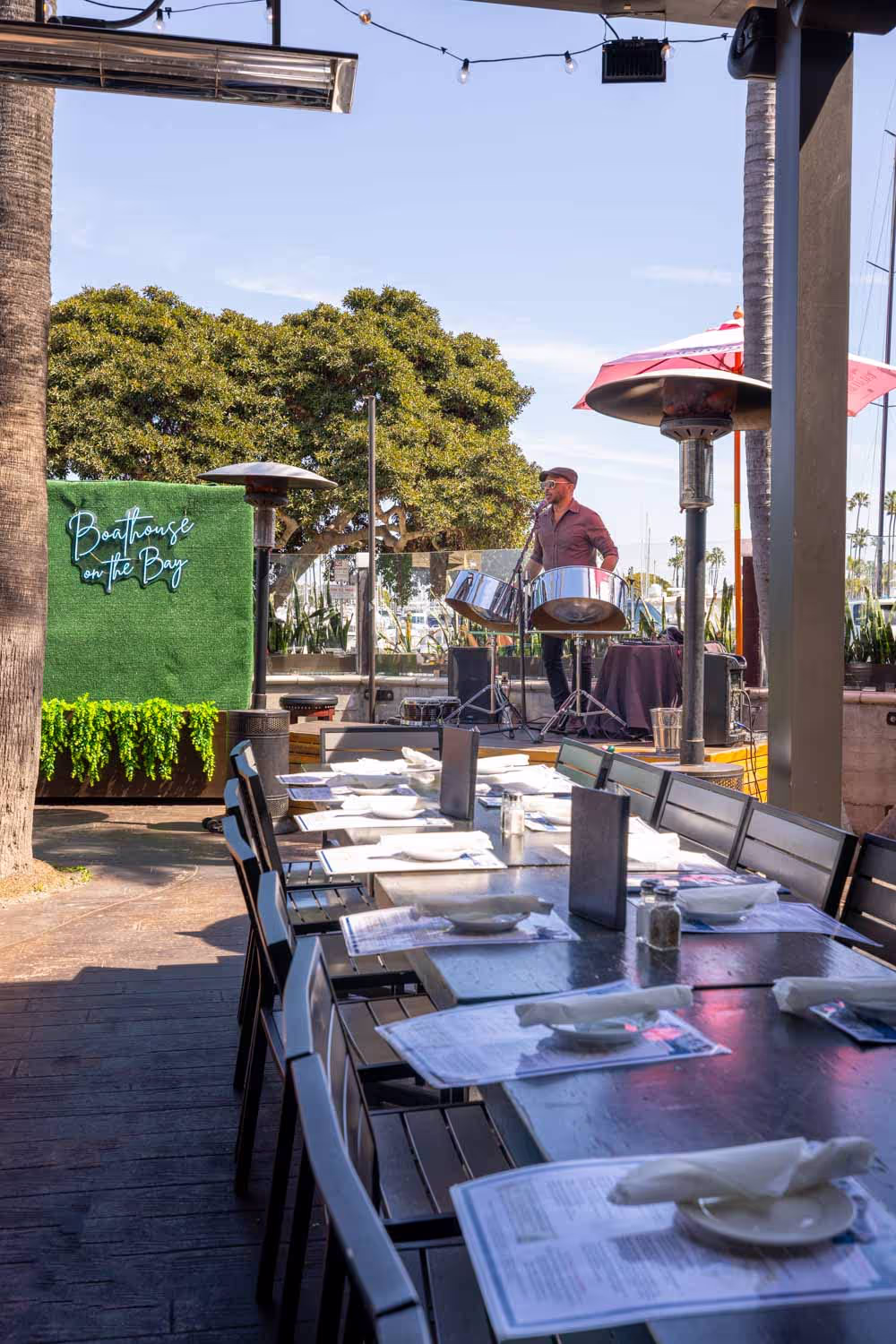 Sunday brunch with a large group on the patio at Boathouse on the Bay