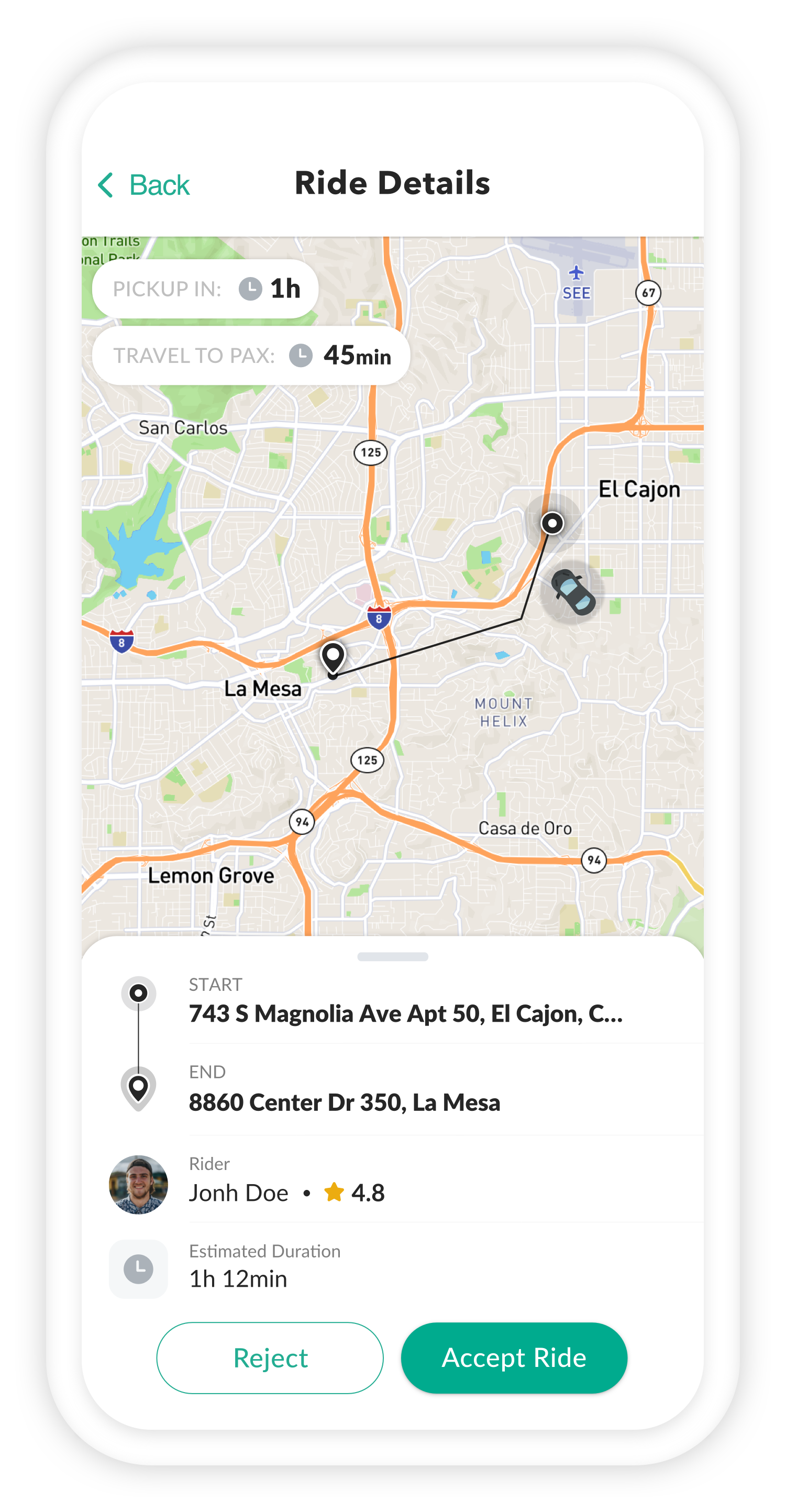 EverTransit driver app showing a ride route, pickup and drop-off addresses, rider rating, and accept or reject controls