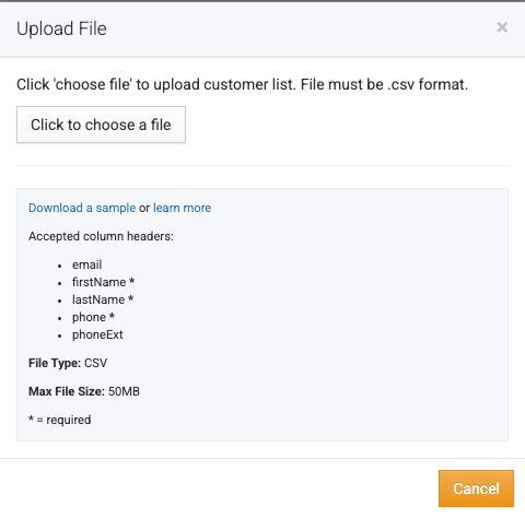 EverTransit customer import screen showing the CSV upload control and the accepted column headers