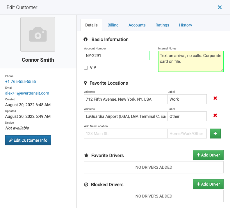 EverTransit customer record showing phone, email, account number, internal dispatcher notes, and saved pickup locations