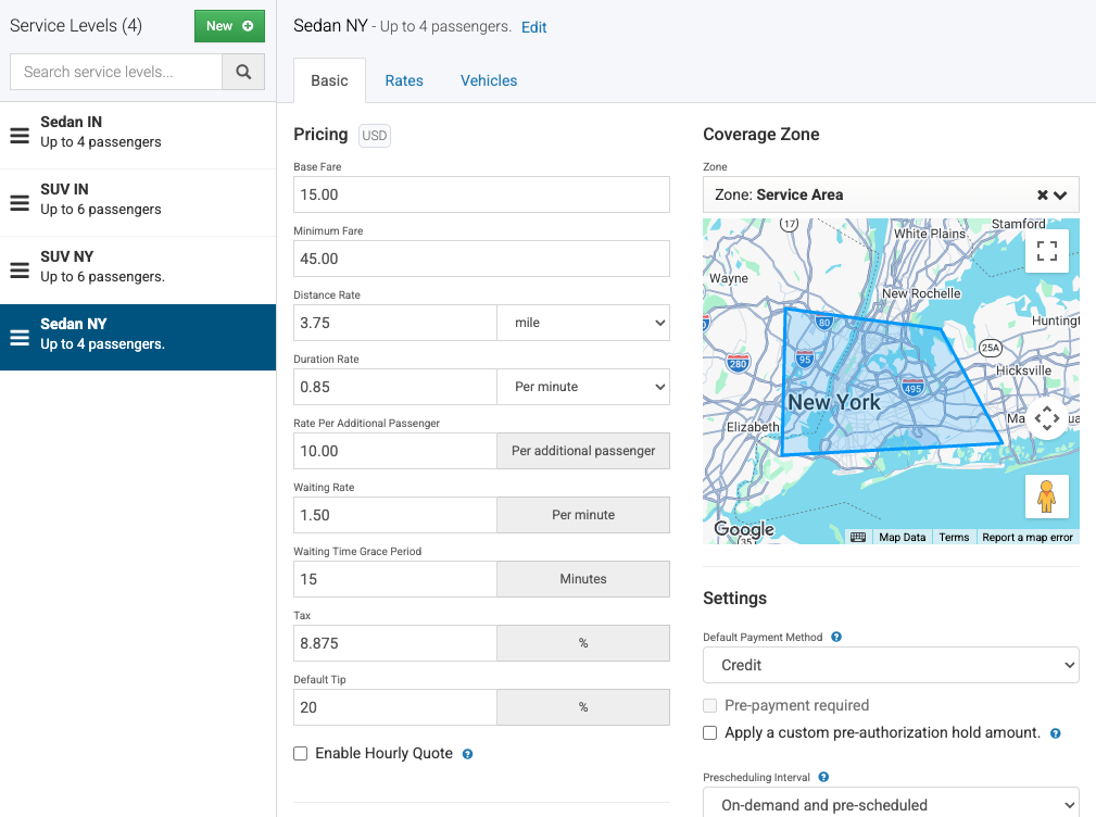 EverTransit pricing setup showing base fare, per-mile and per-minute rates, waiting charges, tax, and a mapped coverage zone