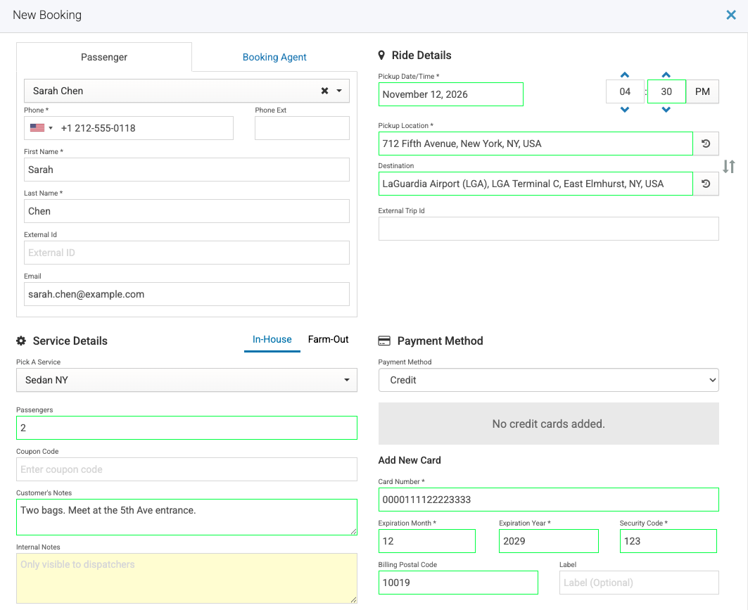 EverTransit new booking screen with pickup and drop-off addresses, passenger, service level, and fare already filled in