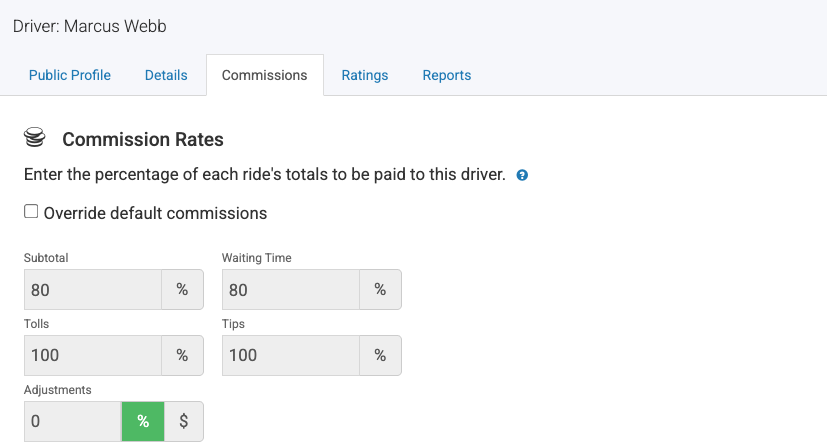 EverTransit driver commission settings showing separate payout percentages for subtotal, waiting time, tolls, tips, and adjustments