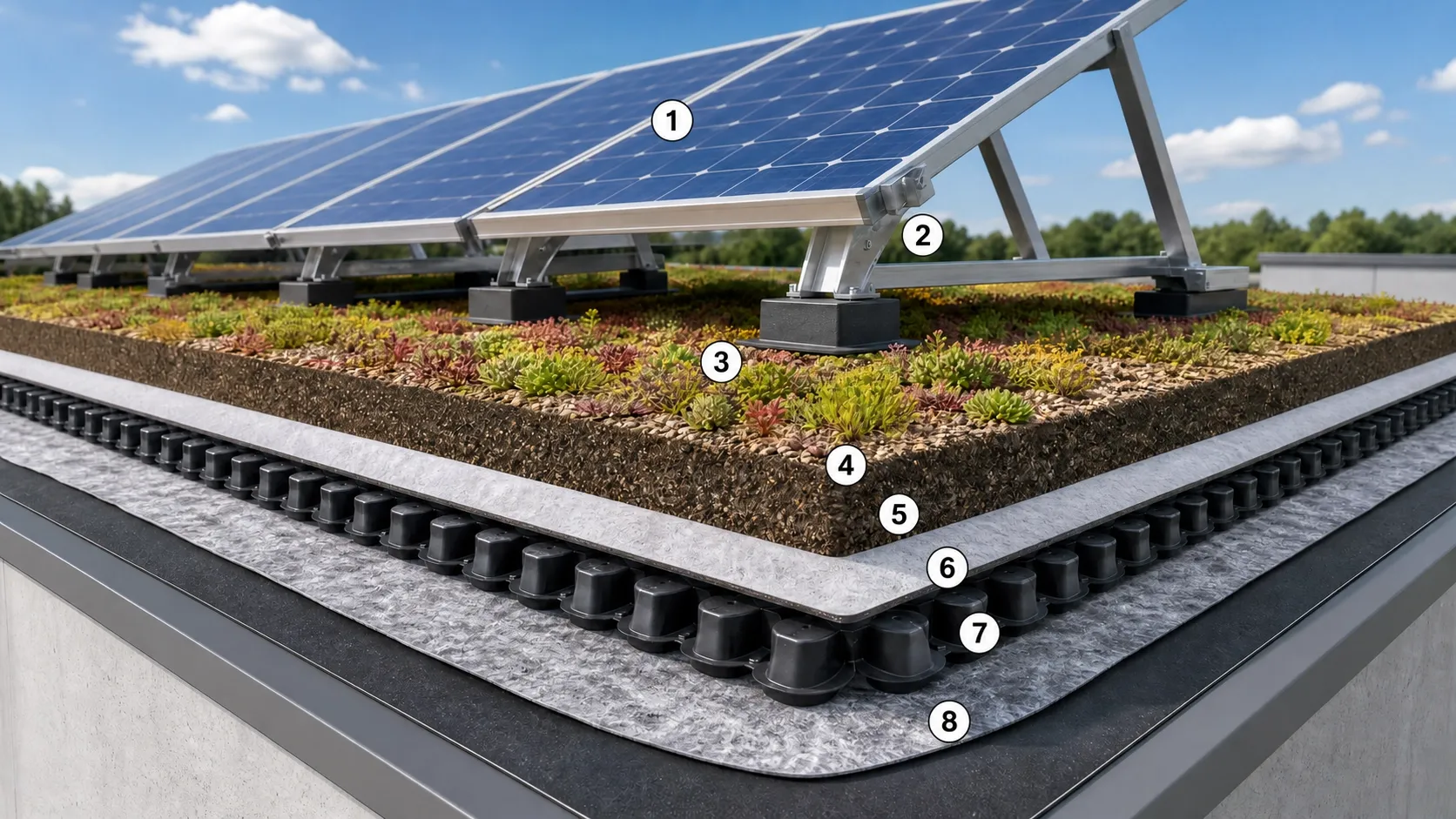 Schichtaufbau eines Solar-Gründachs: nummerierte Ebenen von Photovoltaikmodul bis wurzelfeste Dachabdichtung