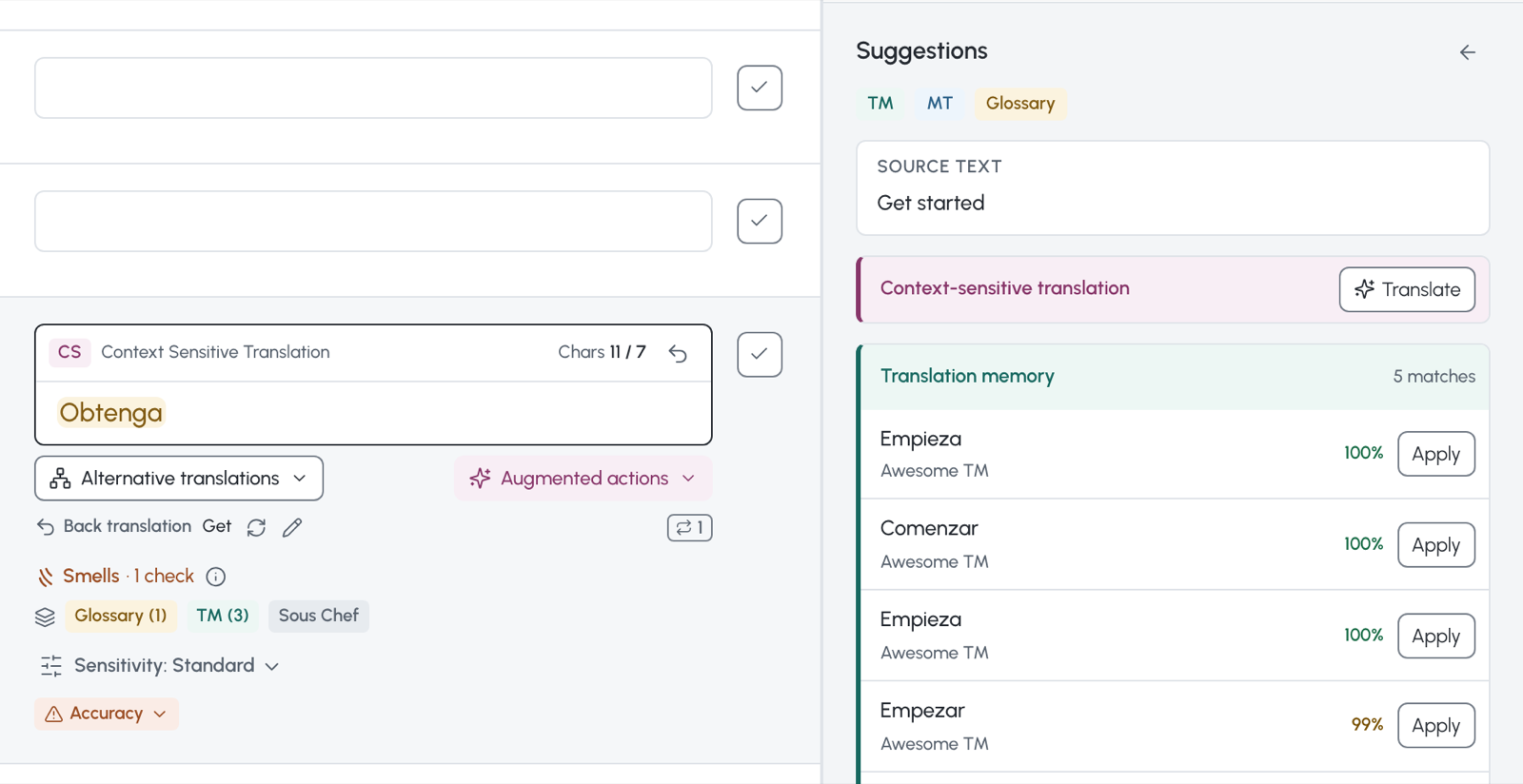 The new wxrks editor. Suggestions from translation memory, machine translation, and glossary each show in their own soft color, with Apply on every match and Confirm as a separate decision.