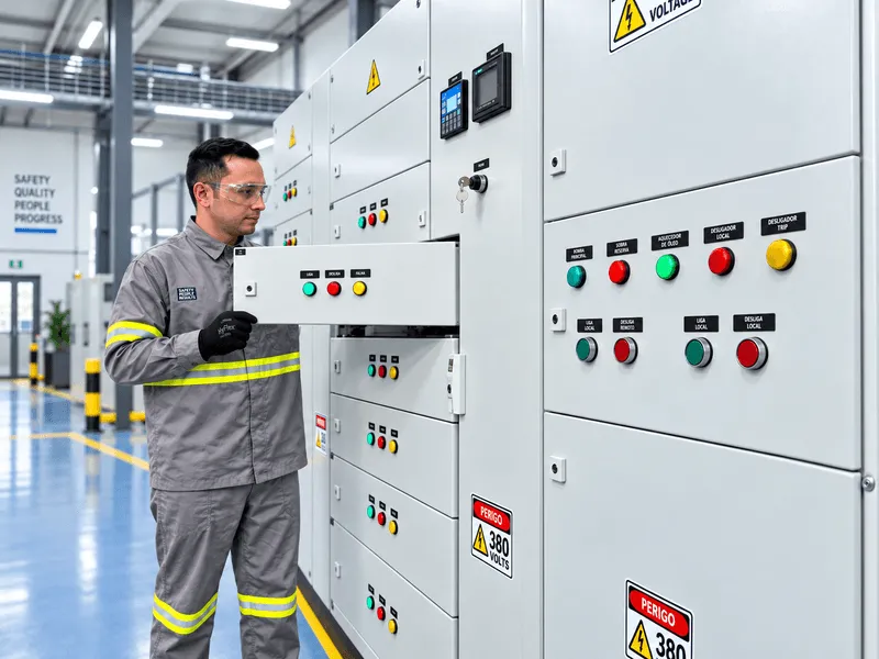 Técnico da STI Electric operando painel de baixa tensão