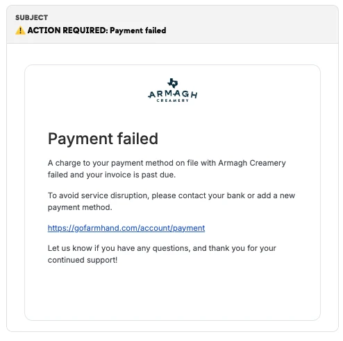 An automated failed-payment notice on Armagh Creamery's own branding