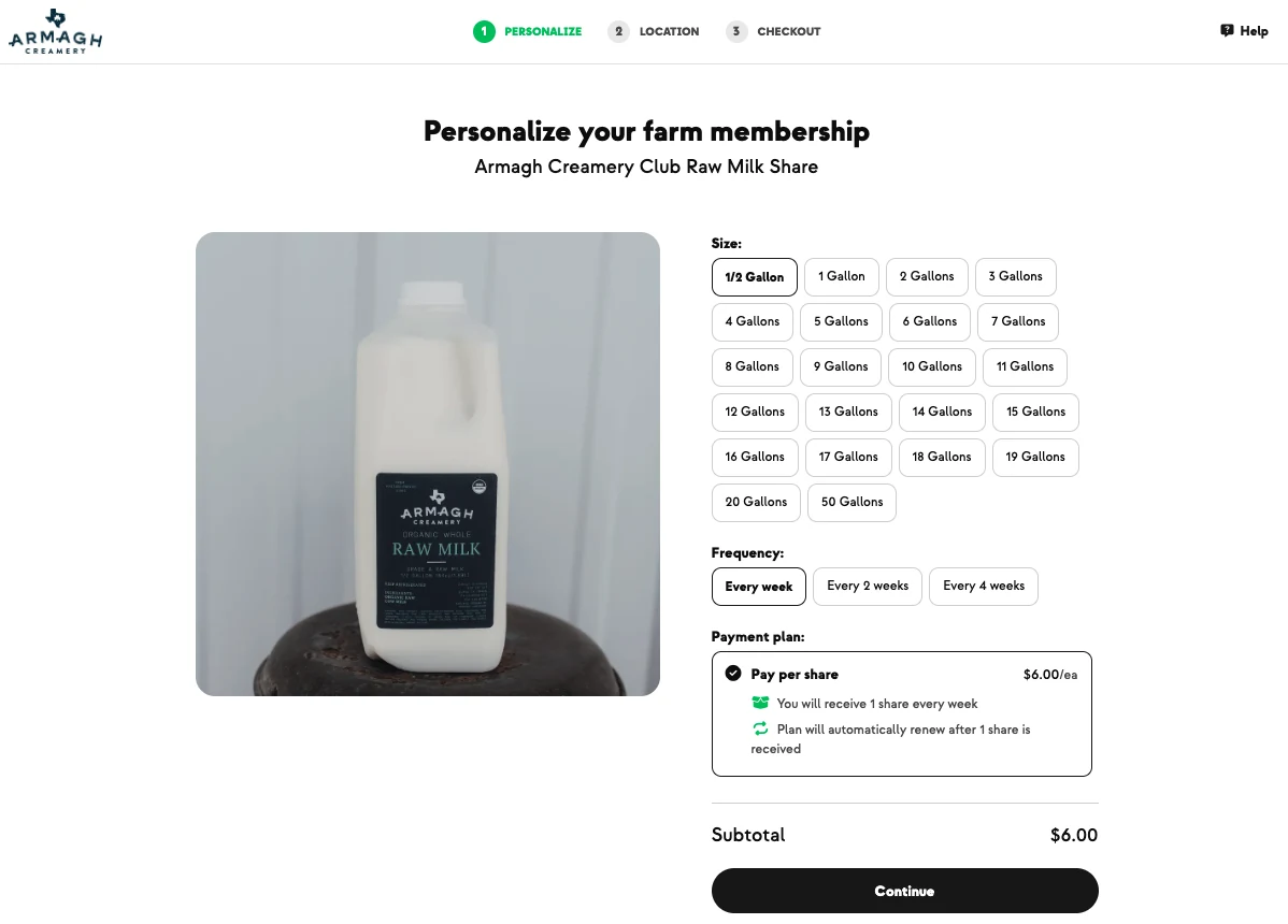 The Creamery Club plans page, showing share sizes and weekly or biweekly frequency