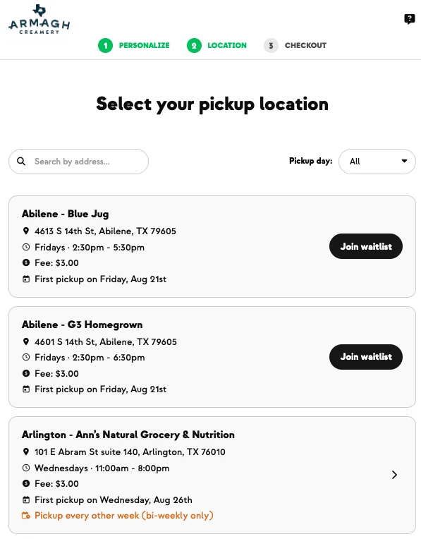 Armagh Creamery pickup location list with days, times and a waitlist option