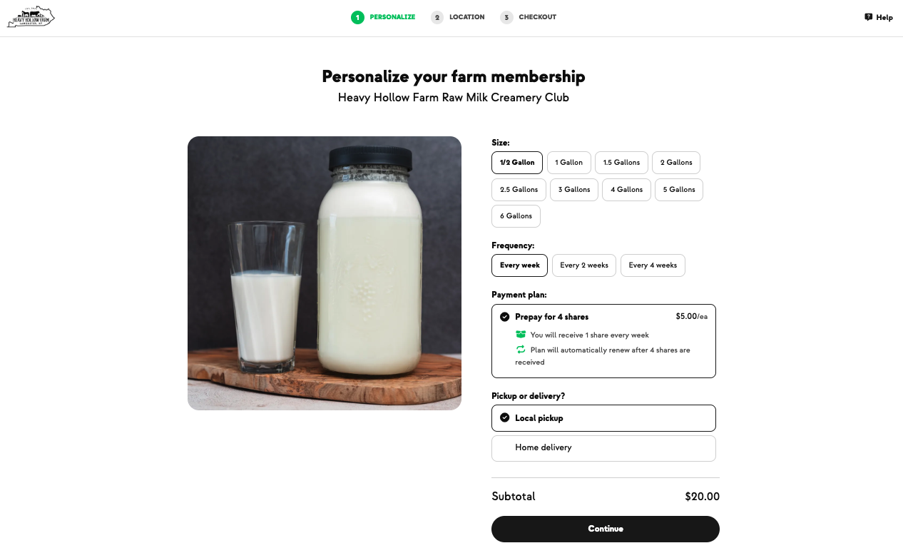 Creamery Club signup showing share sizes and delivery frequencies