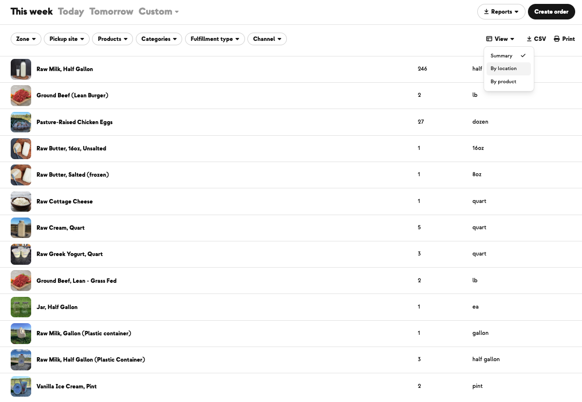 Fulfillment dashboard totalling the week's harvest