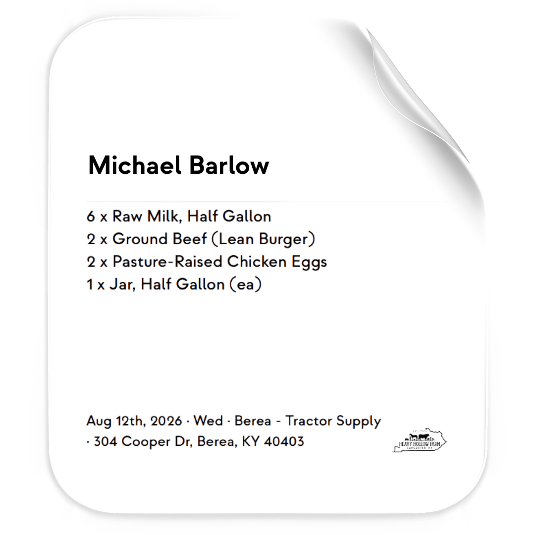 A printed packing label with the member's items, date and pickup site