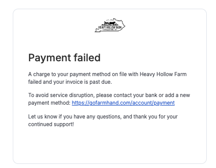 Automated failed payment notice on the farm's branding