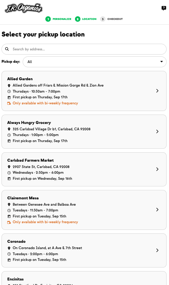 JR Organics pickup location picker listing Allied Garden, Always Hungry Grocery, Carlsbad Farmers Market and more, each with its day and hours