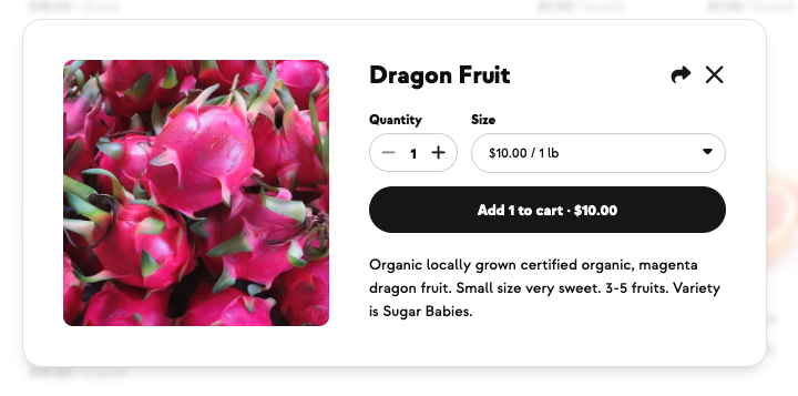 The Dragon Fruit product page, $10 for a pound, described as magenta Sugar Babies, small and very sweet