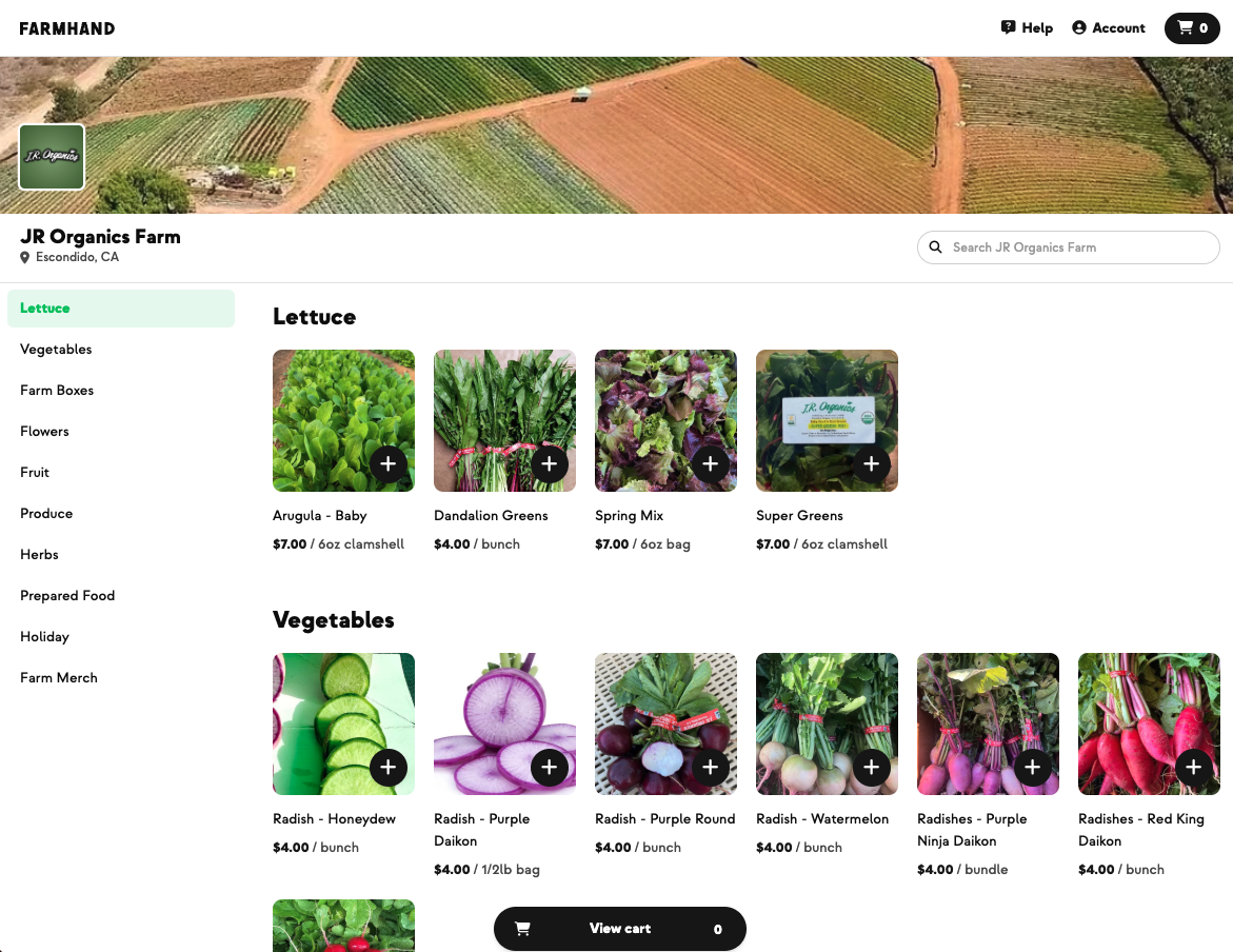 JR Organics' online shop with ten categories and real prices, from baby arugula at $7 a clamshell to radishes at $4 a bunch