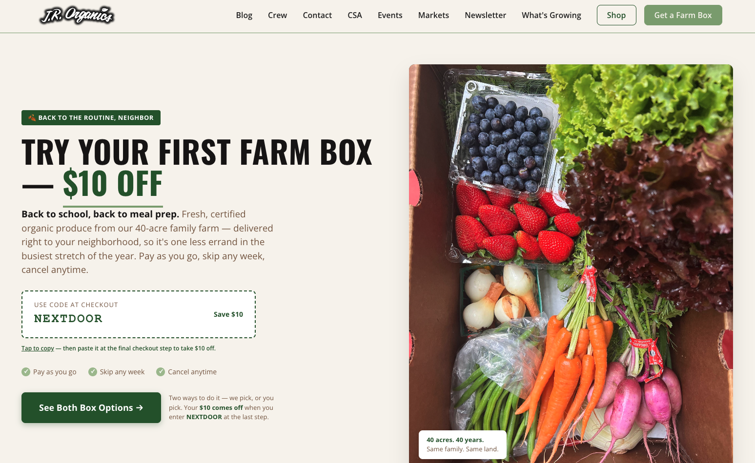 JR Organics' Nextdoor landing page: Try Your First Farm Box, $10 Off, with the code NEXTDOOR and a photo of a full box