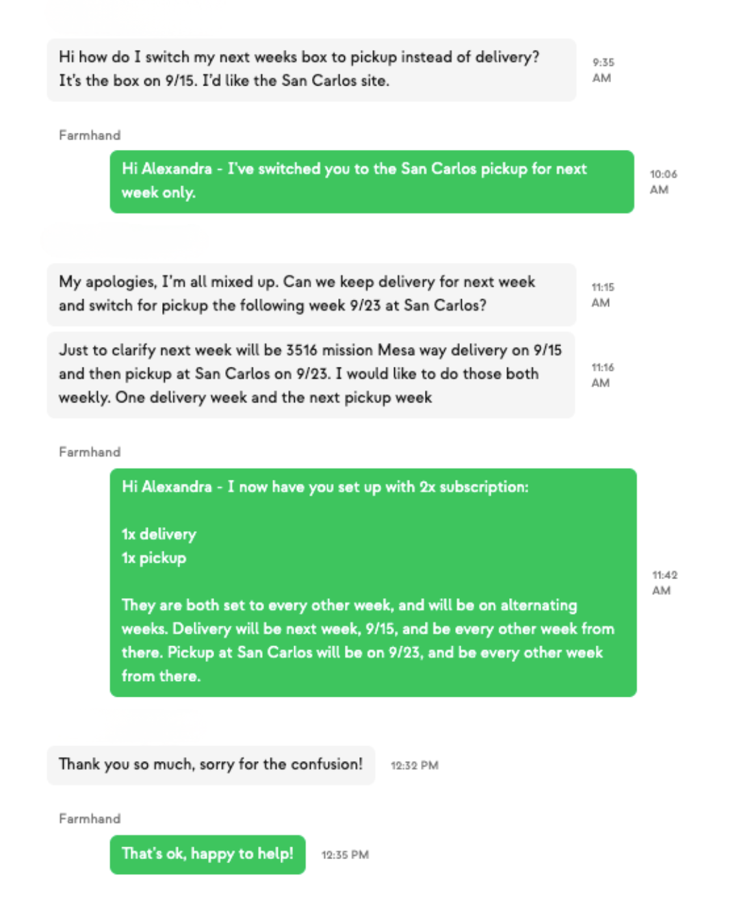 A member and the Farmhand team working out a delivery week and a San Carlos pickup week, resolved into two alternating subscriptions
