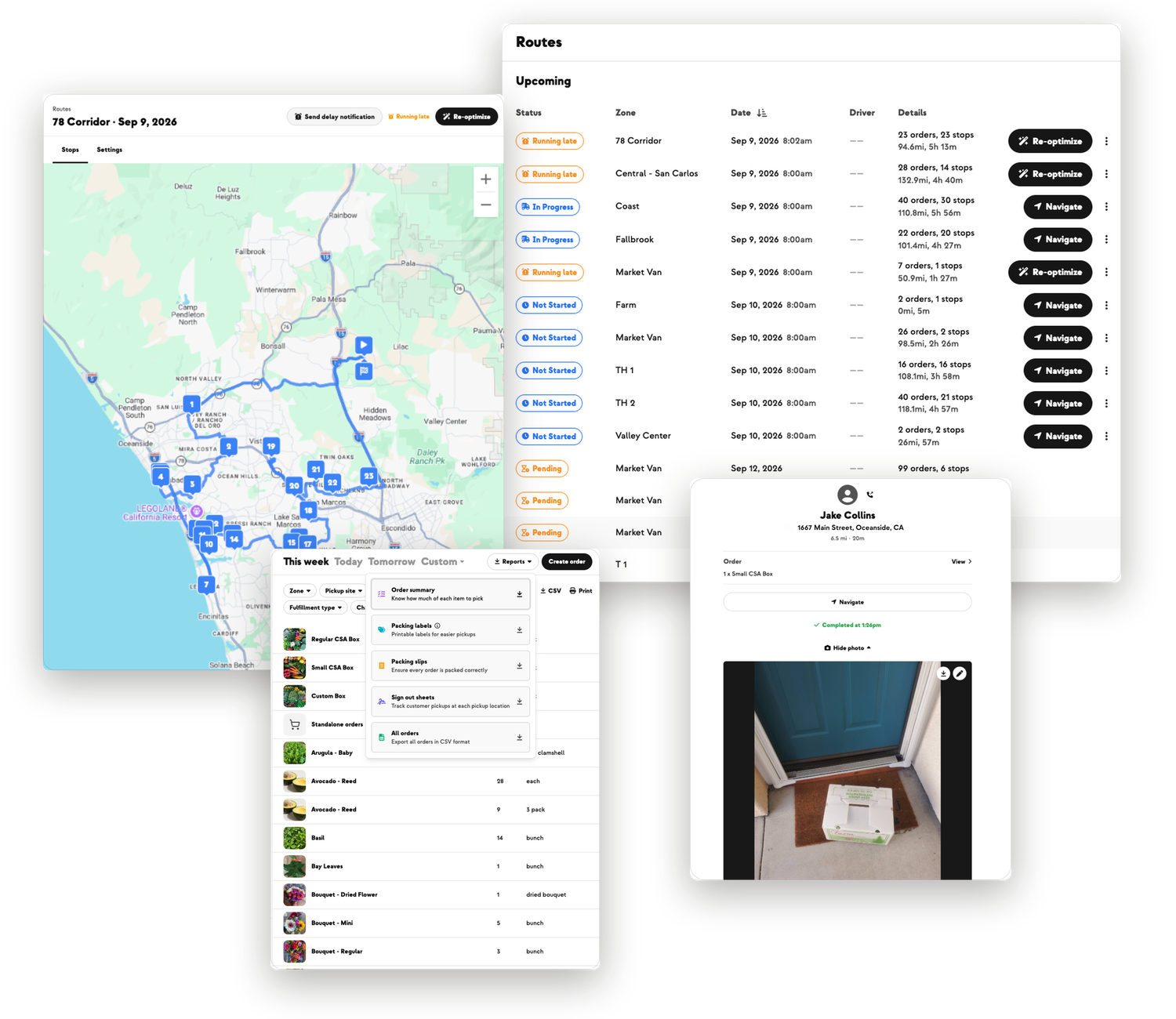 Farmhand's routes view for JR Organics, showing the week's delivery zones with their stops, mileage and running-late status