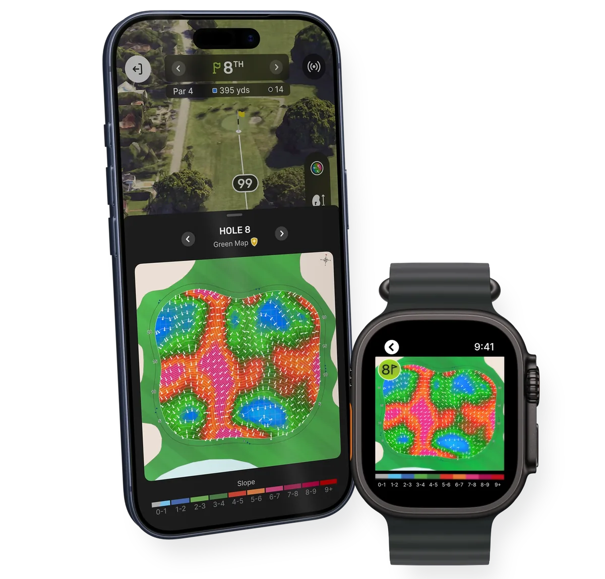 TheGrint Green Map on iPhone 17 Pro and Apple Watch Ultra 3: colors show slope severity and arrows show the break