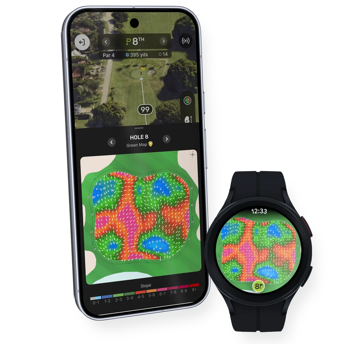 TheGrint Green Map on Google Pixel 10 Pro and Samsung Galaxy Watch: colors show slope severity and arrows show the break