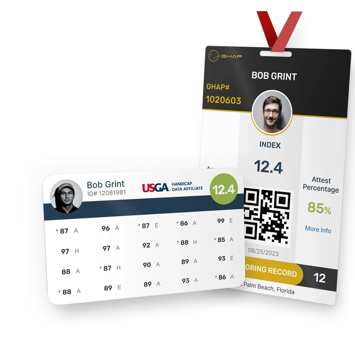 TheGrint in-app handicap cards: a USGA Handicap Data Affiliate card and a GHAP card