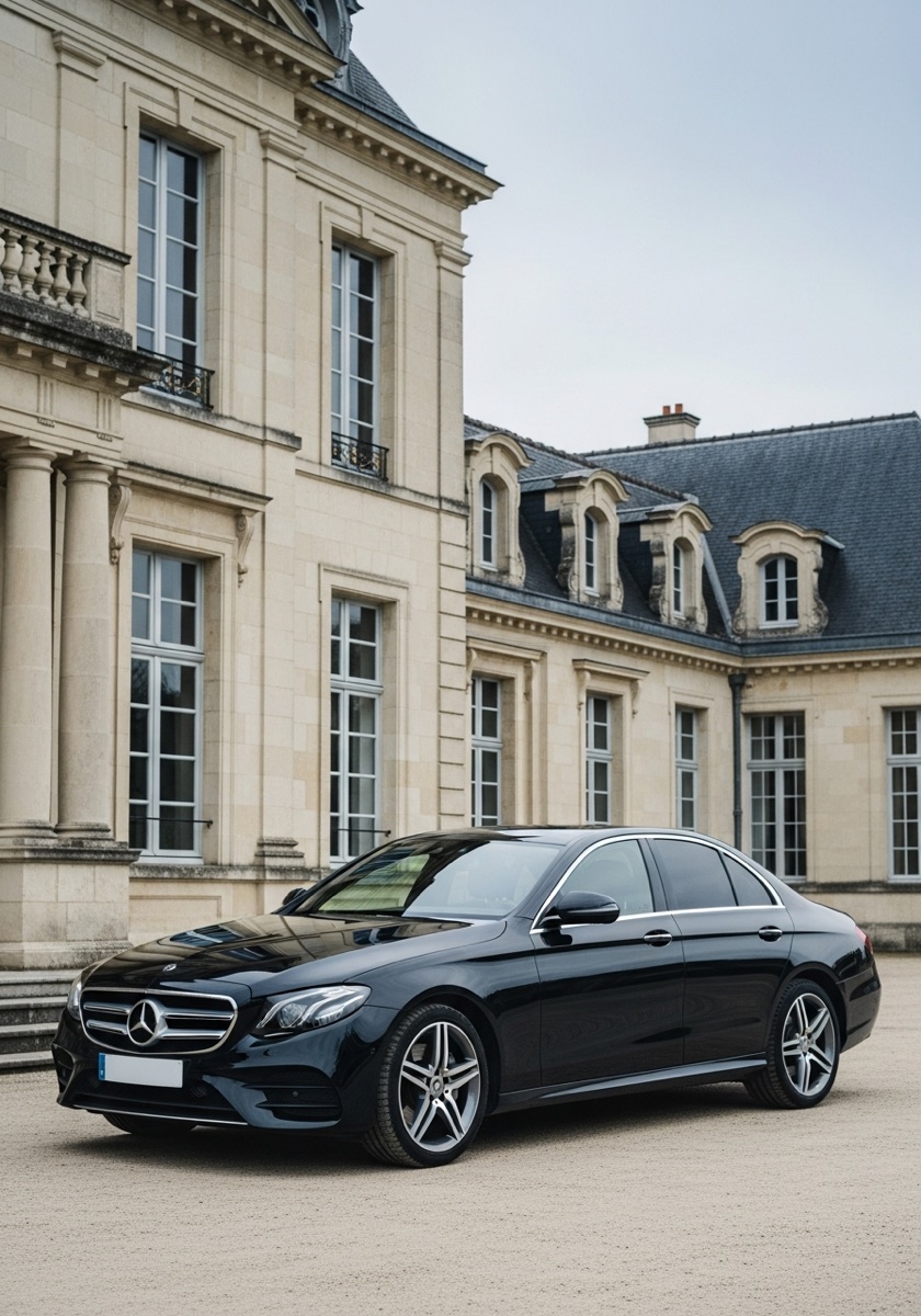 VTC Bordeaux Chauffeur — Mercedes Classe E noire devant manoir bordelais en pierre de taille