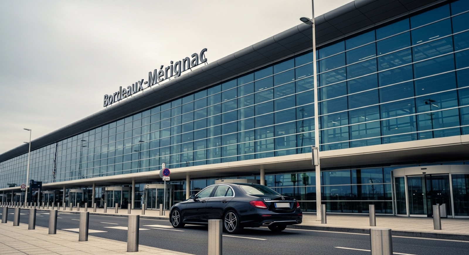 Transfert VTC aéroport Bordeaux-Mérignac — Mercedes Classe E noire devant terminal