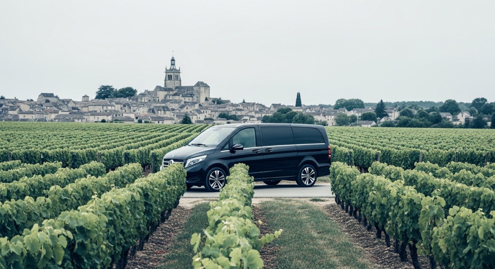 Wine tour Saint-Émilion en Mercedes Classe V — vignobles et collégiale UNESCO