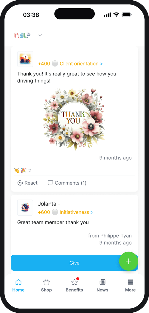 MELP app: colleague recognition feed