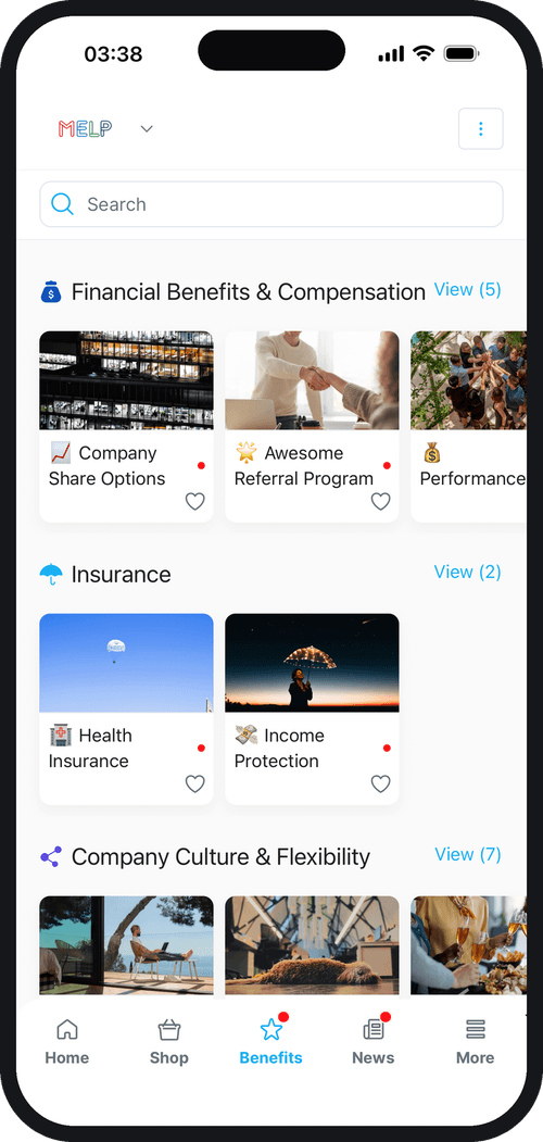 MELP app: personal benefits catalogue