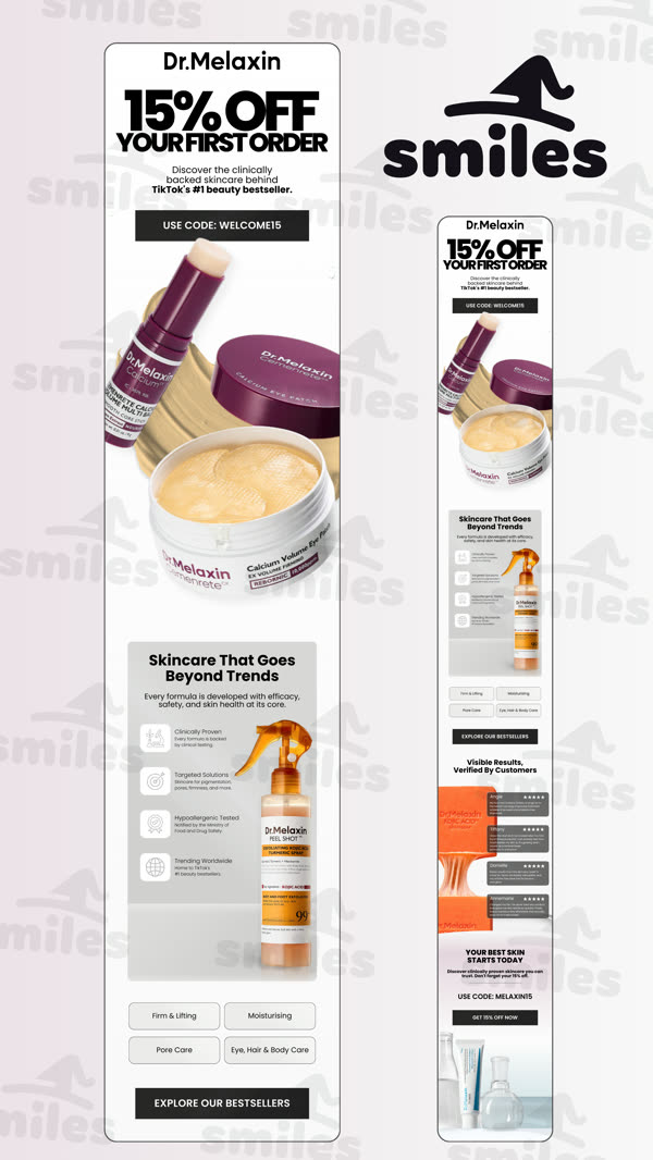 Dr.Melaxin skincare: 15% off your first order welcome design