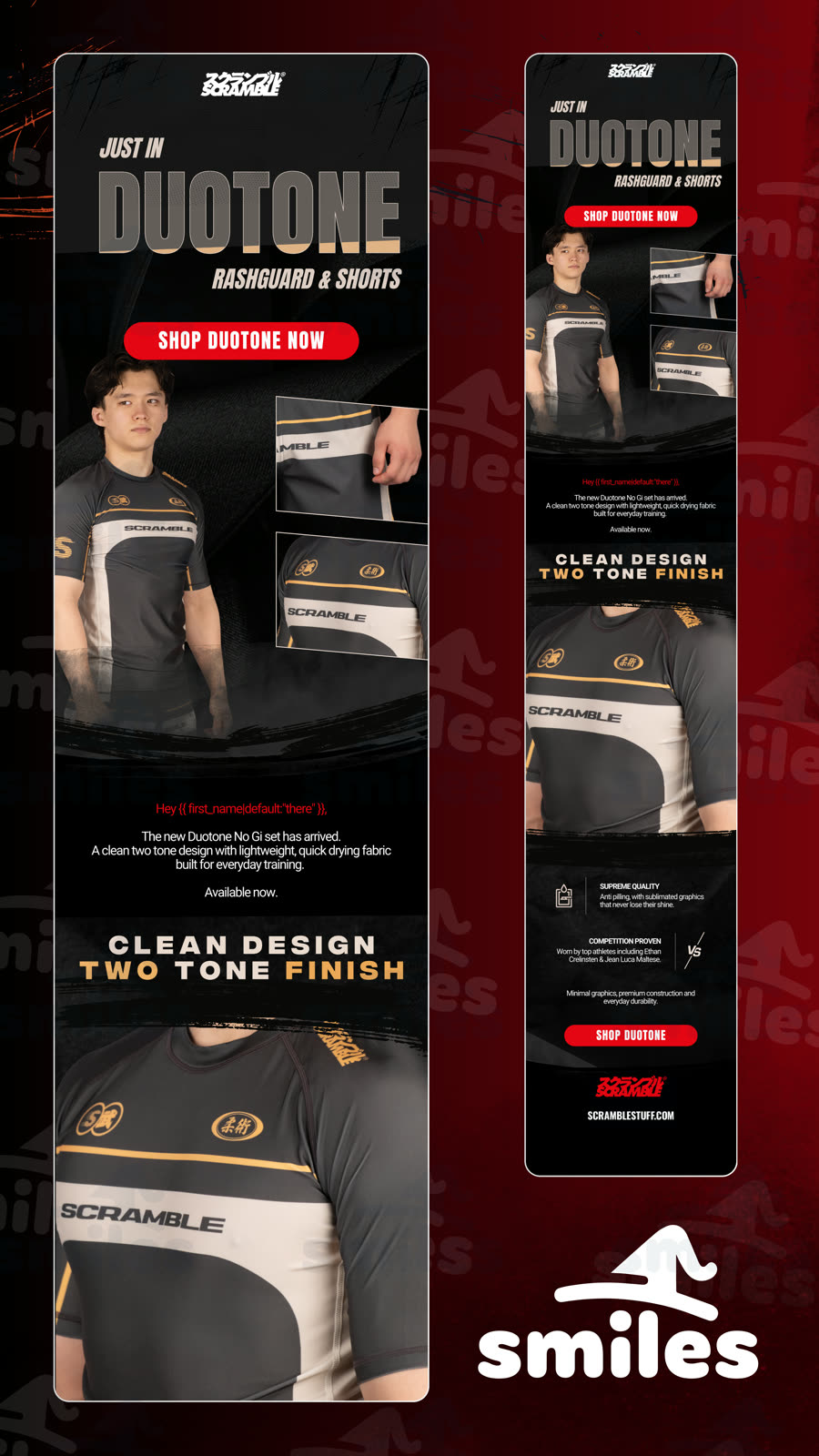 Scramble: Duotone rashguard and shorts, clean two-tone finish