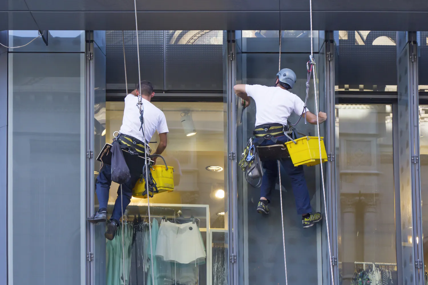 Window cleaners in safety harnesses washing exterior glass of tall building