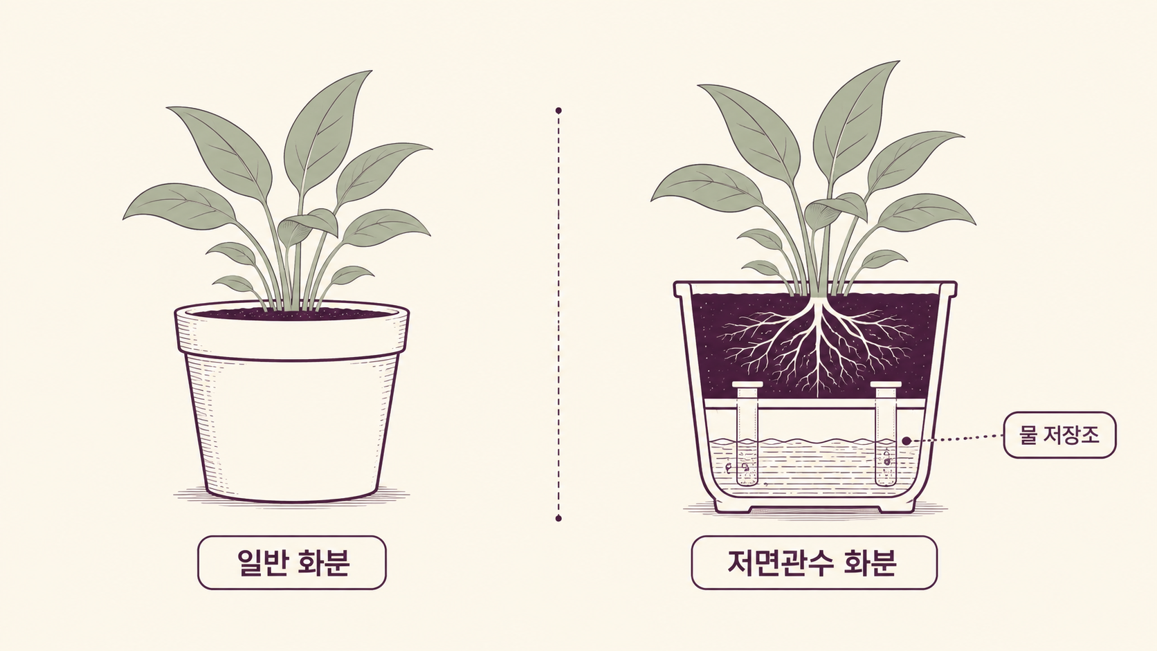 일반 화분과 저면관수 화분을 나란히 비교한 이미지