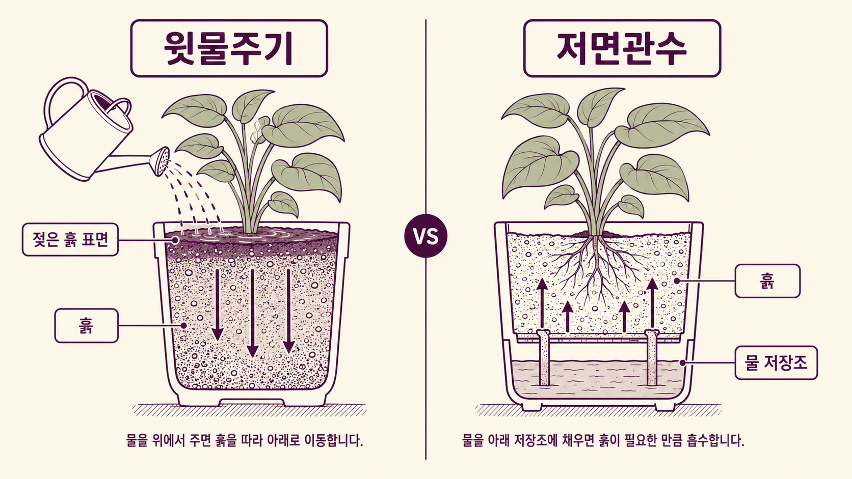 상부관수 vs 저면관수 비교 다이어그램