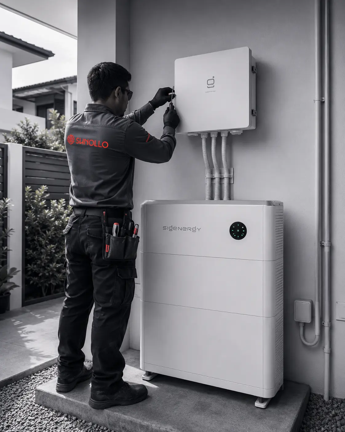 Installer working with Sunollo system equipment on site