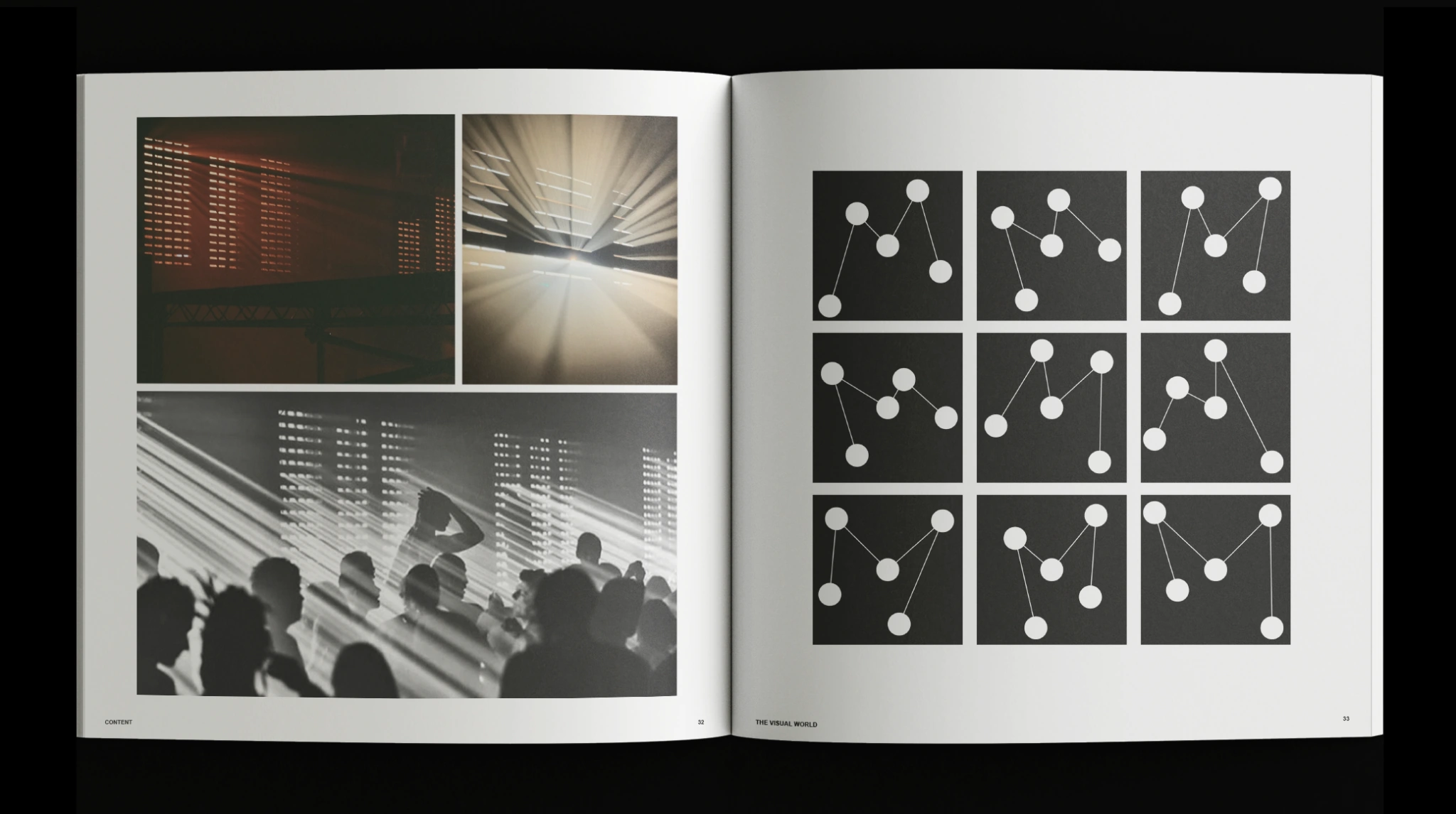 Open research book connecting light and spatial atmosphere with graphic pattern studies