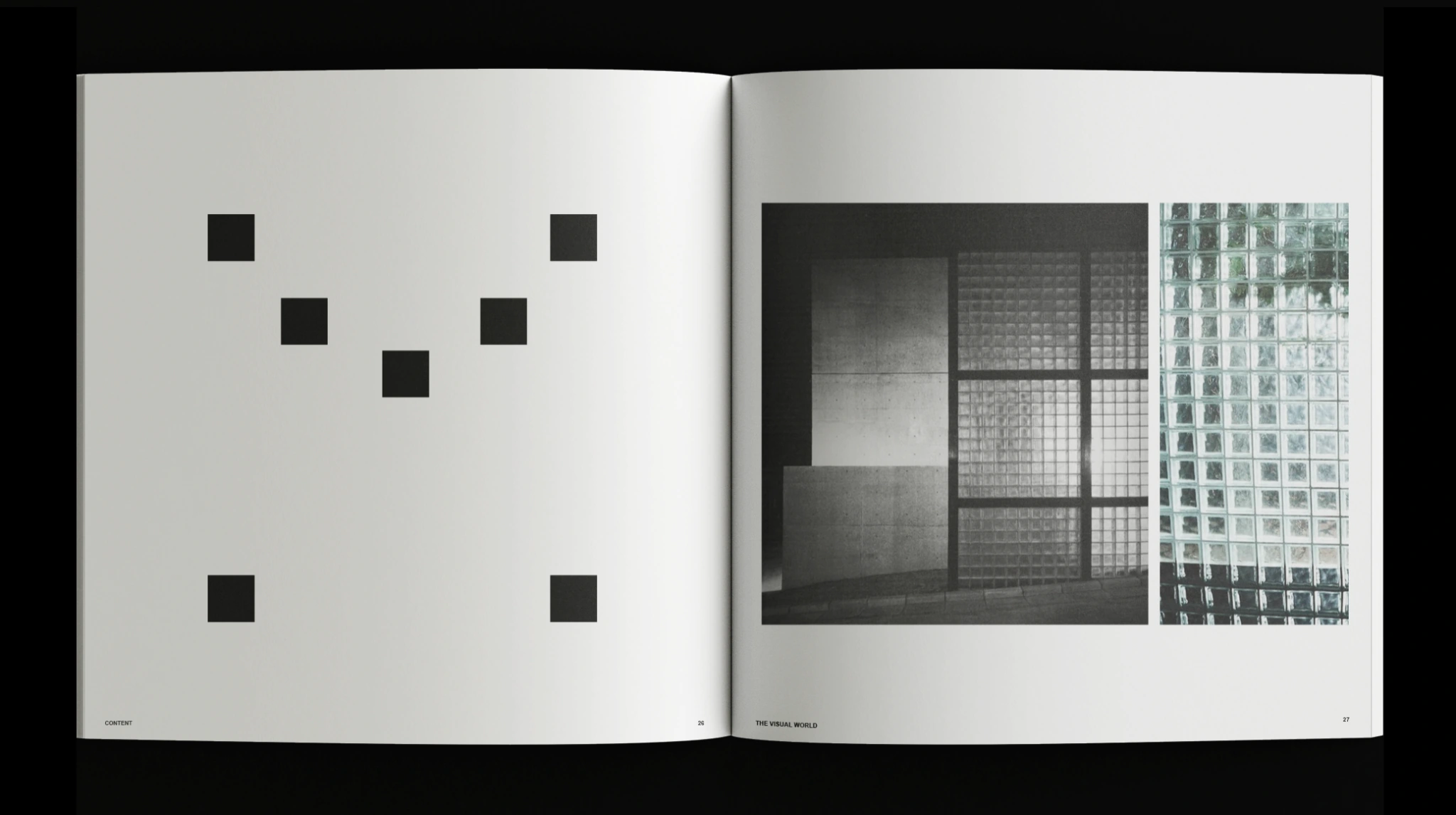 Open research book pairing a geometric mark with architectural and surface references