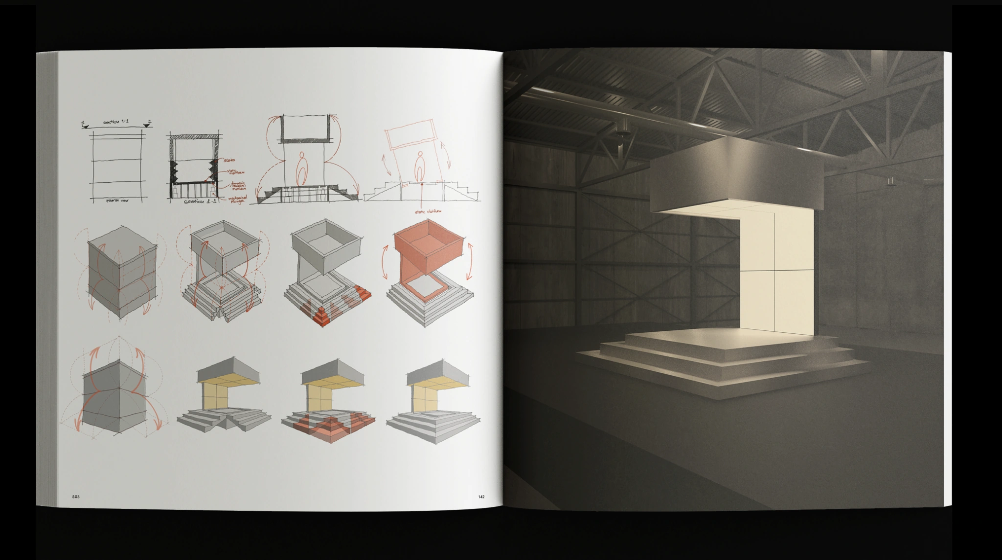 Open book pairing stage construction sketches with a proposed illuminated stage render